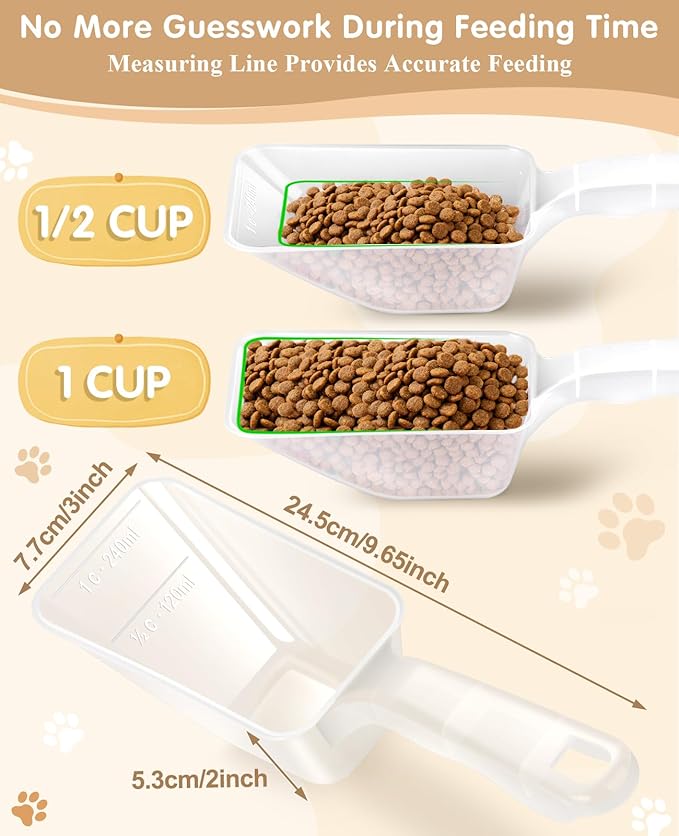 2-Pack Dog Food Scoop 1 Cup, Plastic Pet Food Measuring Scoop With Measuring Lines (1/2 & 1 Cup Markings) for Dogs, Cats, Fish, Bird（Transparent