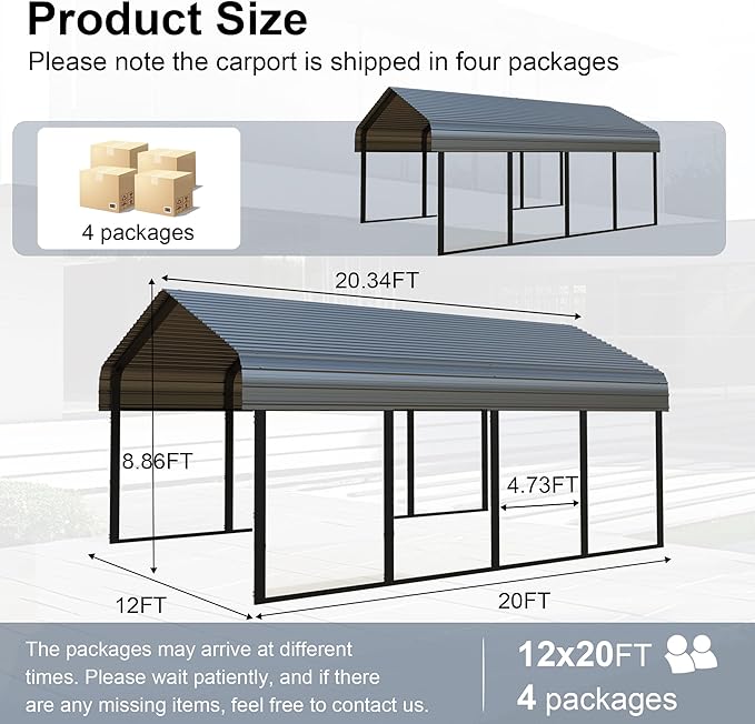 12x20 FT Heavy Duty Metal Carport - Galvanized Steel Car Shelter Garage Kits for 1 Car, RVs, Boats & Outdoor Storage