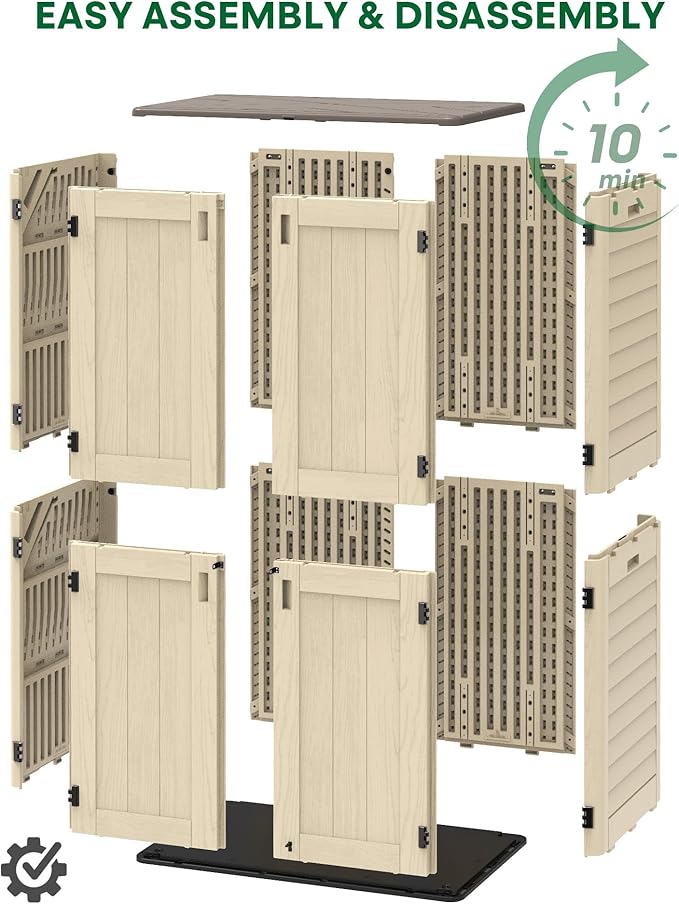 Vertical Outdoor Storage Shed, 60 Cu.Ft Resin Storage Cabinet Waterproof with Lockable Floor, All-Weather Tall Backyard Shed for Patio Furniture, Garage, Garden, Porch (Khaki)