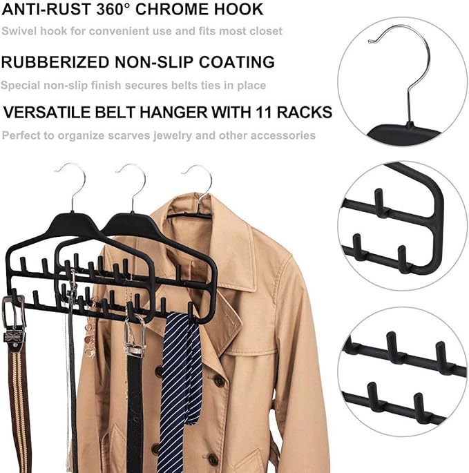 FairyHaus Belt Hanger Organizer 2 Pack, Non Slip Tie Rack Holder, Durable Hanging Closet Accessory Hooks for Belts, Ties, Jewelry, Scarves, Black