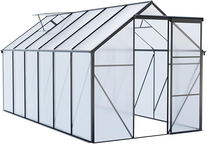 6X12FT Greenhouse for Outdoor, Polycarbonate Greenhouse with Raised Base and Anchor, Heavy-Duty Walk-in Green House with Adjustable Roof Vent and Gutter System for Patio,Backyard (Black, 6x12 FT)