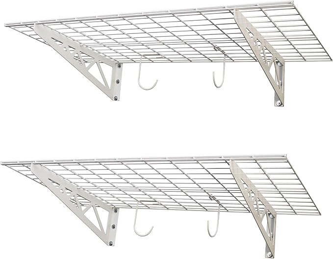 SafeRacks Garage Wall Shelves - 2 Pack Combo Set with 4 Hanging Hooks
