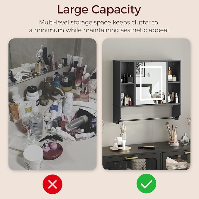 Bathroom Wall Cabinet with Mirror, Wall Mounted Medicine Cabinet with Color Adjustment LED Lights, Mirrored Over The Toilet Storage Cabinet with Adjustable Shelves, 23.6''W x 21.6''H, Black