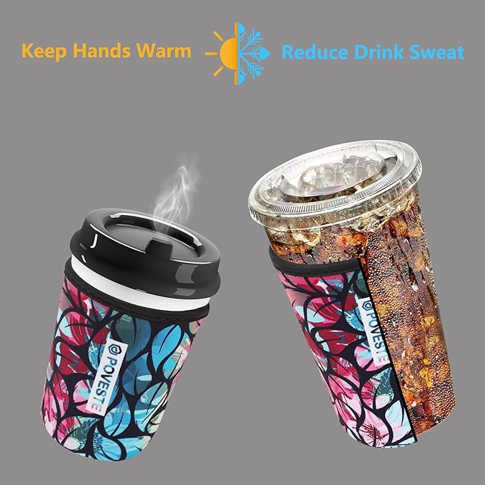 Reusable Neoprene Insulator Sleeve for Iced Coffee & Cold Soda, Coffee Sleeves for Iced & Hot Drinks, Cold Beverage Cooler Compatible with Starbucks, Dunkin (Blue&Pink Leave, Medium: 22-24oz)