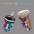 Reusable Neoprene Insulator Sleeve for Iced Coffee & Cold Soda, Coffee Sleeves for Iced & Hot Drinks, Cold Beverage Cooler Compatible with Starbucks, Dunkin (Blue&Pink Leave, Large: 32oz)