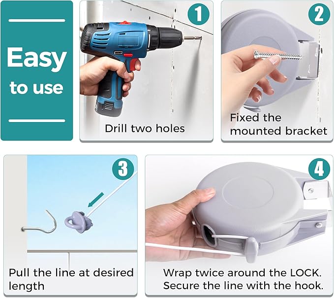 JS HANGER Retractable Clothesline Outdoor Indoor Laundry Line - 49 FT / 15M Single Lines Heavy Duty Wall Mounted Washing Line, Grey Portable Clothes Drying Line with 24pcs Free Pegs