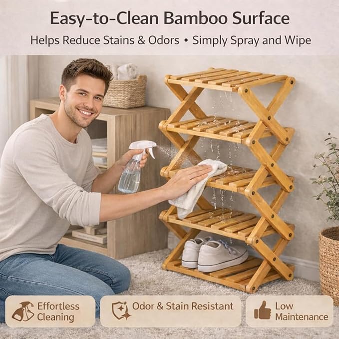 The 9-Tier No-Assembly Bamboo Rack, Folding Bamboo Shoe Rack Organizer with Collapsible Vertical Design, Space-Saving & No-Tool Assembly, for Entryways,Corners,Bedrooms,Balconies (Yellow,7)