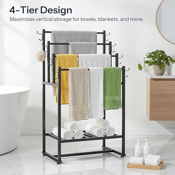 HOOBRO 4-Tier Free Standing Towel Rack for Bathroom, Blanket Rack Stand, 23.6" L x 15.9" W x 40.7" H, Freestanding Quilt Stand, Blanket Display Holder for Bedroom, Industrial Style, Black BK07LB01