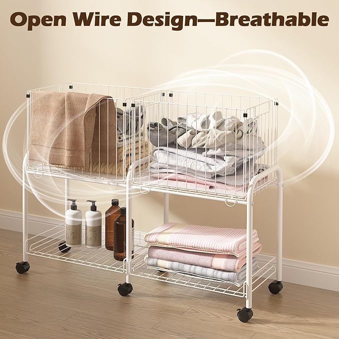 FOLLOWIN Rolling Laundry Cart with Wheels,76L Laundry Hamper Sorter Trolley with Extra Shelf,2 Removeable Collapsible Wire Storage Basket