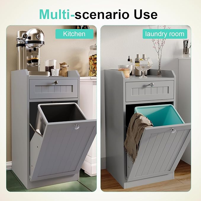 Single Tilt Out Trash Can Cabinet, Dog-Resistant, Fits 13.8"H Bins (Max 11.8"x11.8" Base), Easy Assembly, Grey for Kitchen & Laundry