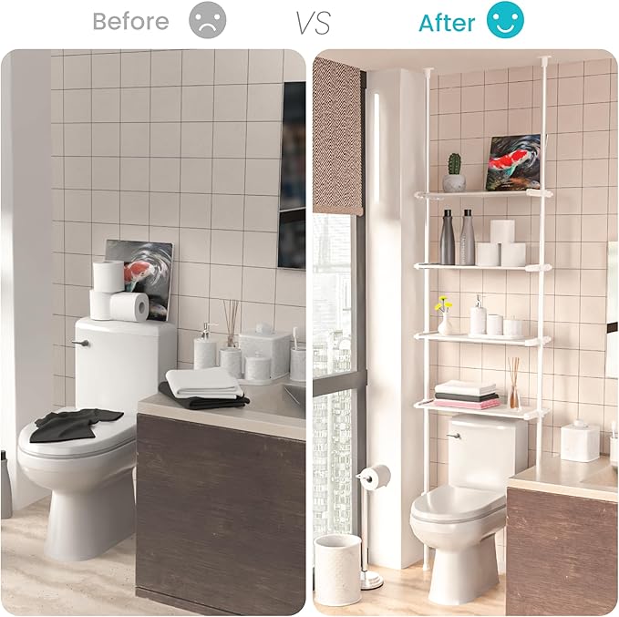 Home Zone Living Over-the-Toilet Organizer with Adjustable 4-Tier Shelves, Tension-Mounted Bathroom Storage Rack for Ceilings 91" to 114" High, White
