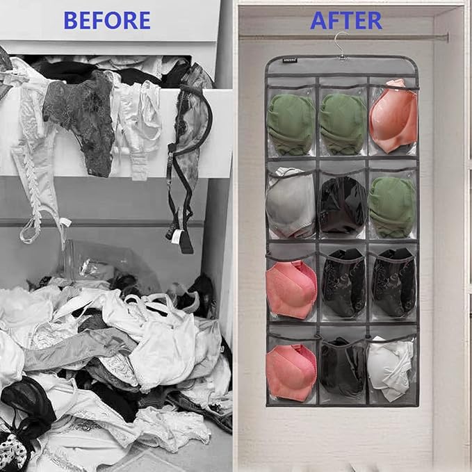 Dual Sided Hanging Shoe Organizer for Closet with Rotating Hanger Hanging Shoe Rack Holder with 24 Large Pockets (GREY-Clear Pockets)