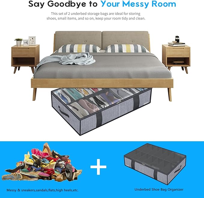 Onlyeasy Under Bed Shoe Storage Organizers for Kids and Adults Fit 14 Pairs of Shoes & 4 Pairs of Boots, Sturdy Underbed Organizer with 2 Strong Zippers and 4 Handles, Linen-like Grey, MXDUBS14S4
