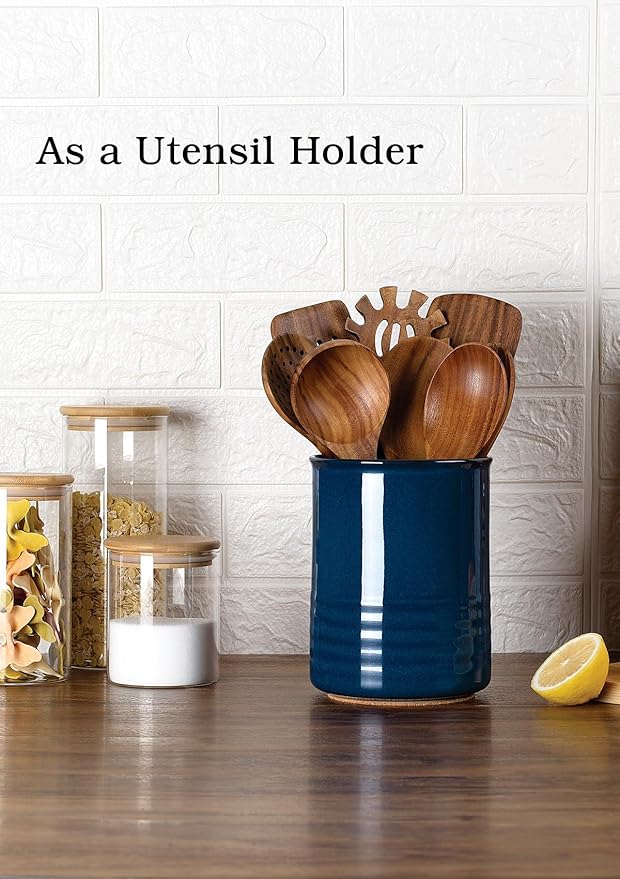Utensil Holder, 6.7" Ceramic Kitchen Utensil Crock for Countertop Cooking, Modern Utensil Caddy Jar Organizer for Farmhouse Kitchen Counter Décor, Flambe Blue