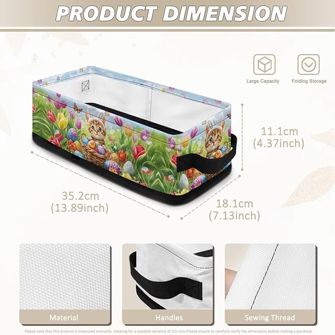 Toilet Paper Storage Basket for Bathroom Organizing, Small Storage Bins Rectangular Narrow Organizer Bathroom Essentials Storage Container, Easter Cat Eggs Tulip Flower Butterfly