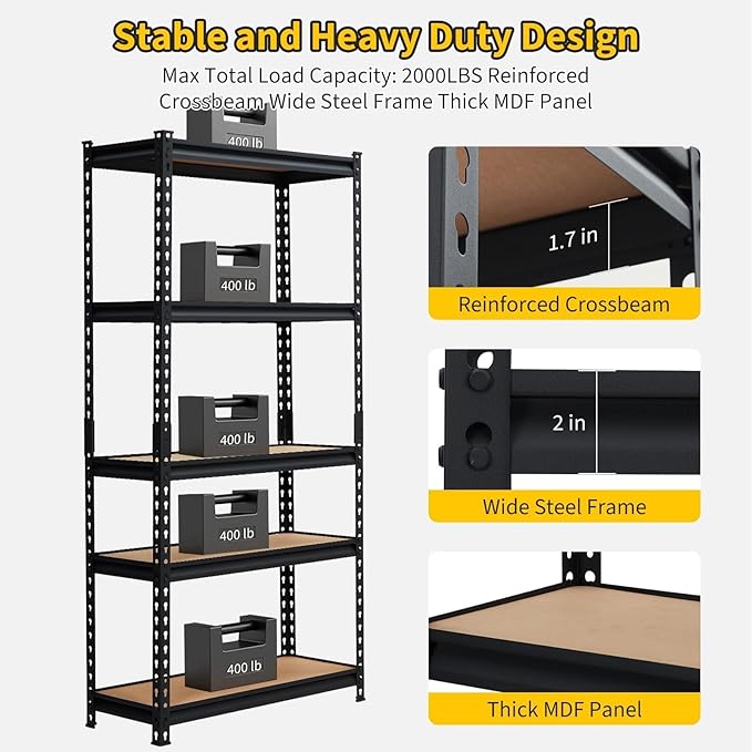 Heavy Duty Garage Storage Shelves, 5-Tier Metal Adjustable Shelving Unit with 2500 LBS Capacity, 35" l x 18" w x 72" h Storage Shelving for Kitchen Pantry Basement Bathroom Laundry