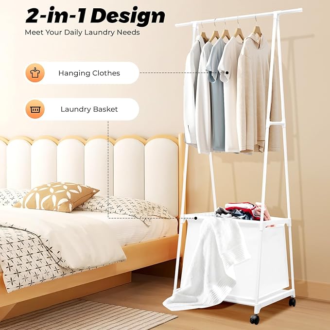 Laundry Cart with Hanging Rack, Metal Rolling Laundry Cart Laundry Hamper with Fabric Storage Basket Clothes Rack with Lockable Wheels for Hanging Clothes & Storing Toys Hats (White)