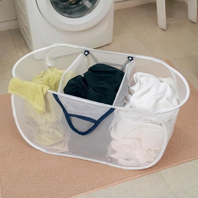 Pop-Up Mesh Triple Sort Laundry Basket with Three Compartments, White, 16" x 16" x 28"