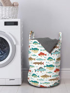 Ambesonne Fish Laundry Bag, Colorful Ocean Fish Cartoon Pufferfish Blowfish Exotic Japanese Cuisine Theme, Hamper Basket with Handles Drawstring Closure for Laundromats, 13" x 19", Aqua Brown