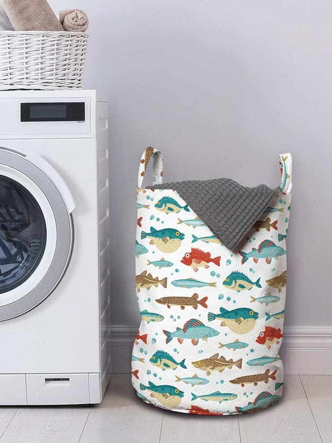 Ambesonne Fish Laundry Bag, Colorful Ocean Fish Cartoon Pufferfish Blowfish Exotic Japanese Cuisine Theme, Hamper Basket with Handles Drawstring Closure for Laundromats, 13" x 19", Aqua Brown