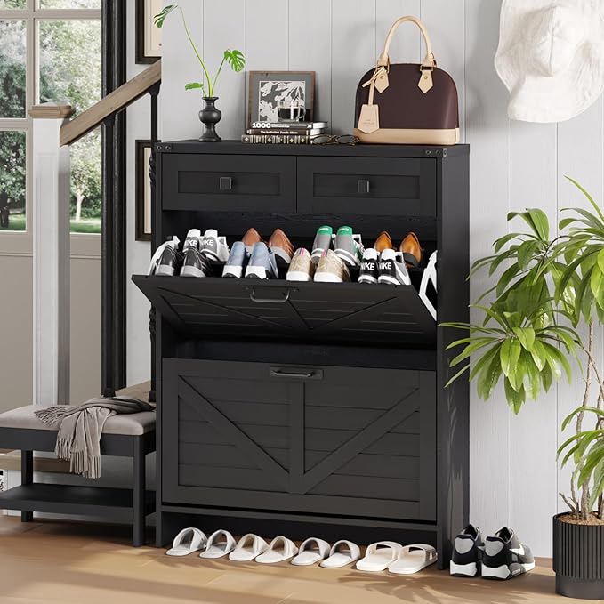 Shoe Cabinet with 2 Flip Drawers & 2 Drawers,Farmhouse Shoe Storage Cabinet for Entryway,Slim Freestanding Narrow Organizer Rack for Front Door Entrance,Black