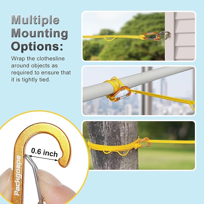 Portable Travel Clothesline, Windproof Clothes Laundry Line with Clothespins & Hang Holes, Indoor & Outdoor Clothes Drying Rope for Hotel, Backyard,Cruise Ships, Camping (Yellow, 16 Ft)