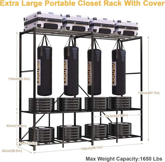 Heavy Duty Clothing Racks for Hanging Clothes with Cover, 95% Assembled Freestanding Foldable Portable Clothes Rack, 59“Lx70 H