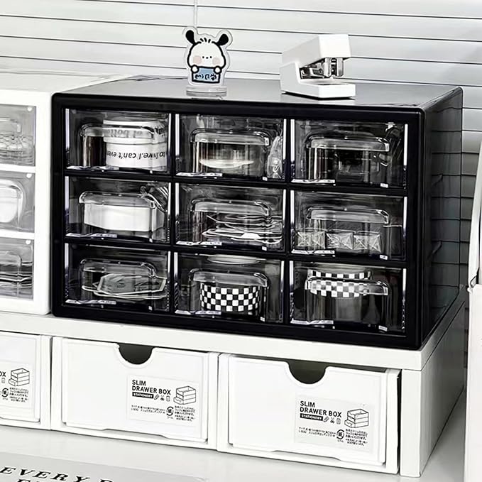 Feadily 1PCS Large Drawer Organizer for Desk, Desktop Drawer Organizer with 9 Clear Drawers, Plastic Desktop Storage Drawers 10.04 Inch x 6.30 Inch x 6.10 Inch, Black
