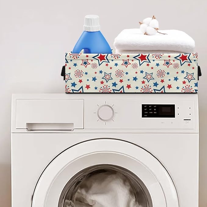 Small Storage Basket for Organizing Shelf Closet Baskets Cube Lightweight Storage Bins Container for Bathroom Office Kitchen 13.89 x 7.13 x 4.37 Inch, Red Blue Star Creamy White