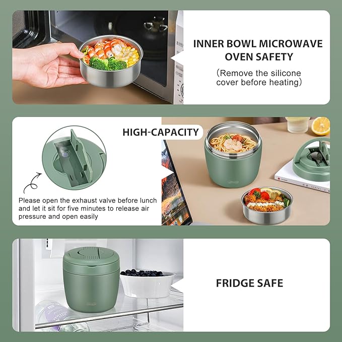 Thermo Food Jar for Hot Food Adults 32OZ Soup Thermo Lunch Containers Wide Mouth Vacuum Insulated Stainless Steel Leakproof Bento Box with Spoon (Green)