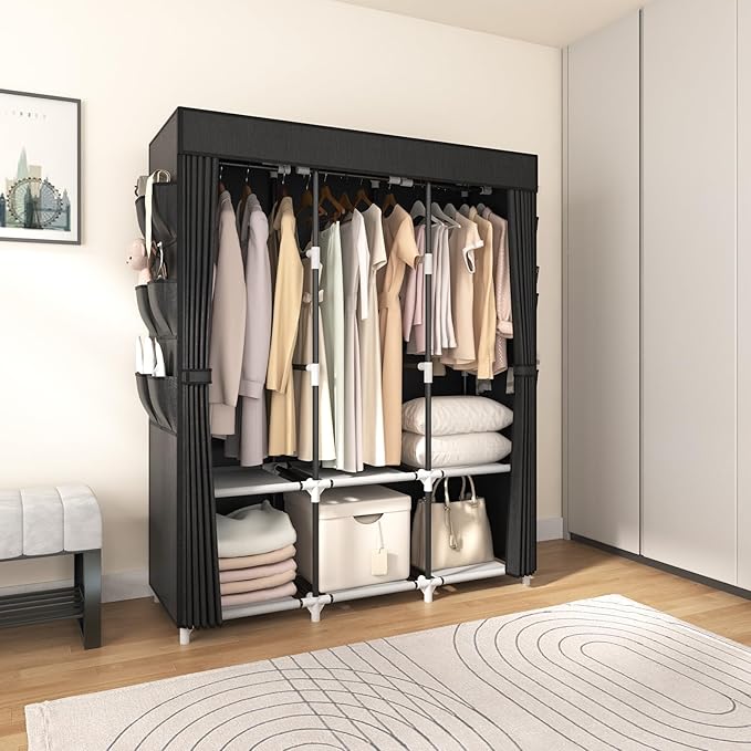 VTRIN Portable Closet for Hanging Clothes 52 Inch Wide Portable Wardrobe Closet with Cover, 6 Storage Shelves and 3 Hanging Rod, Diameter 19mm Metal Pipe, Sturdy Closet for Bedroom, Black