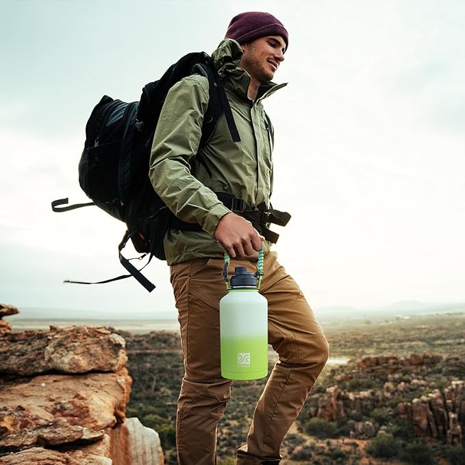 Insulated Water Bottle | Thickened Stainless Steel Vacuum Metal | Portable Sports Half Gallon Large Water Jug for Gym and Hiking with Straw, Carrier Bag, Handle Strap | BPA-Free 64 oz