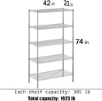 21" Deep x 42" Wide x 74" Height Wire Shelving Kit | 5-Tier | NSF Commercial Storage Rack Unit