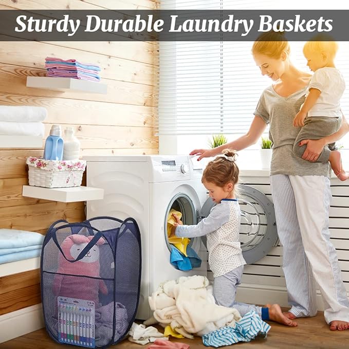 6Pcs Mesh Pop Up Laundry Hamper, FHDUSRYO Foldable Pop Up Hamper, Collapsible Laundry Basket with Carry Handles, Portable Dirty Clothes Basket with 6 Wash Bags, Mesh Hamper for Dorm Bedroom Travel