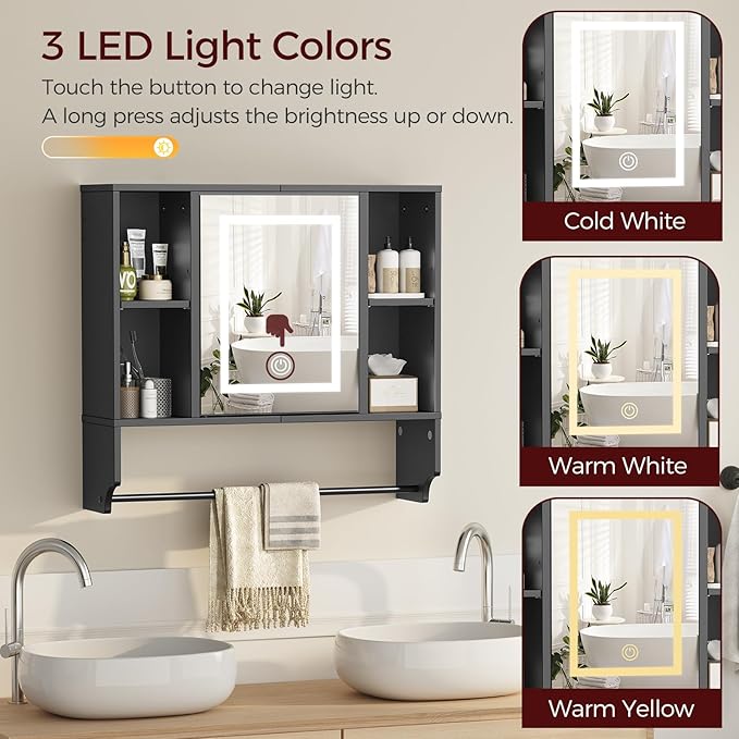 Bathroom Wall Cabinet with Mirror, Wall Mounted Medicine Cabinet with Color Adjustment LED Lights, Mirrored Over The Toilet Storage Cabinet with Adjustable Shelves, 23.6''W x 21.6''H, Black