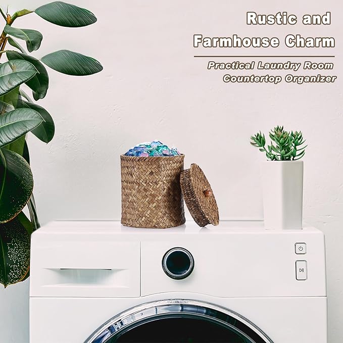 Sumnacon Wicker Laundry Pods Container with Lid, Natural Seagrass Pod Holder for Laundry Room Organization, Farmhouse Detergent Dispenser, Countertop Storage Basket Jars for Dryer Ball Laundry Sheets