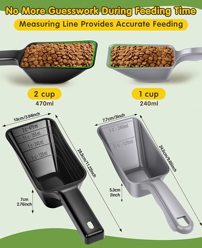 2 Pack Dog Food Scoop with 1 Cup and 2 Cup Capacity, Plastic Pet Food Measuring Scoops with Clear Measurement Lines for Dogs, Cats & More,Dishwasher safe (Grey and Black)