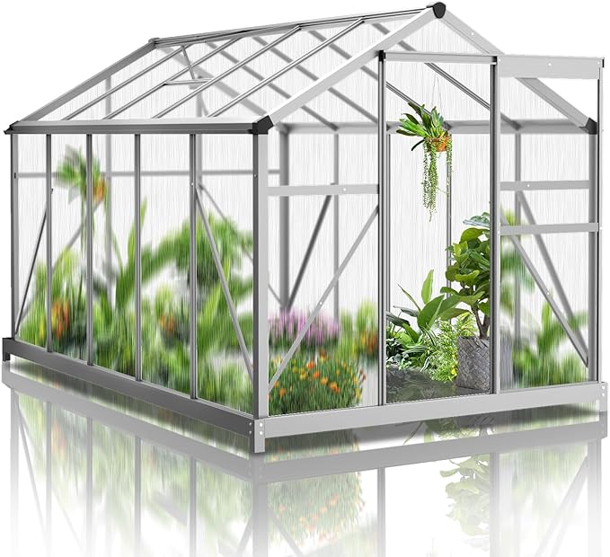 Vasitelan 6 x 10 FT Outdoor Greenhouse, Polycarbonate Greenhouse with Aluminum Frame for Backyard, Green Houses for Outside Garden Backyard, Patio (Silver)