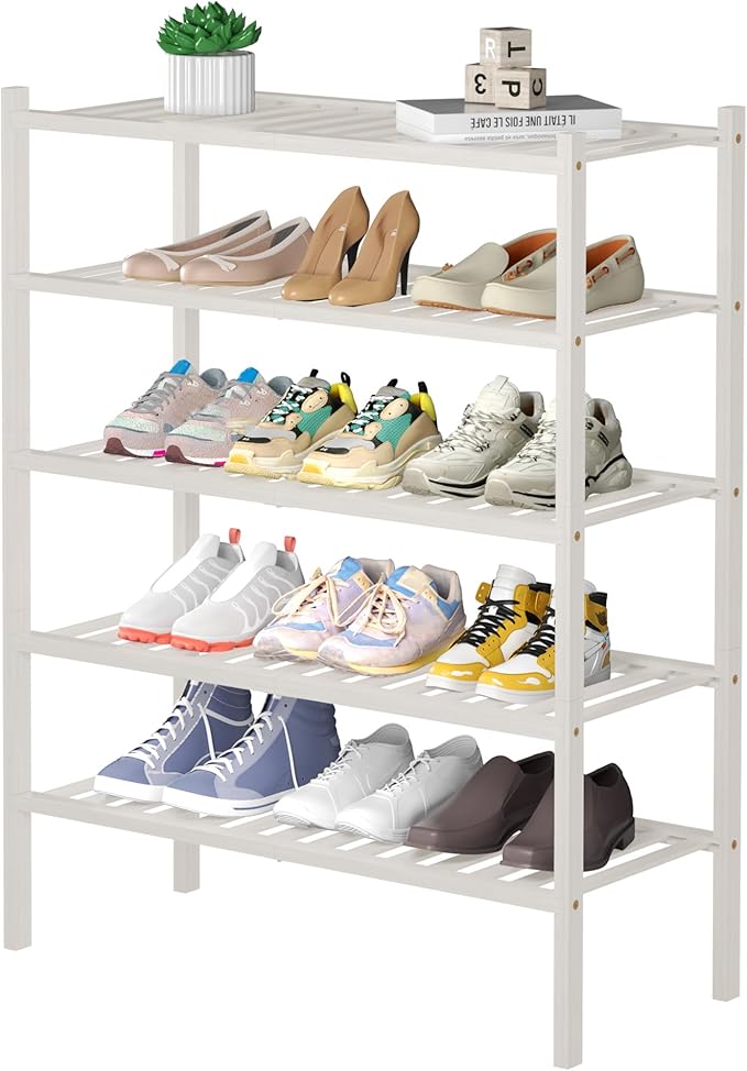 5 Tier Bamboo Shoe Rack for Closet Free Standing Wood Shoe Shelf for Entryway Small Space Stackable 27"x11"x33" (White)