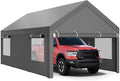 JY QAQA Carport, 12x20 FT Heavy Duty Carport with Roll-Up Window and Sandbags, Portable Garage with Removable Side Walls and Doors, Car Canopy with All-Season Tarp for Cars, Trucks, Boats, Grey