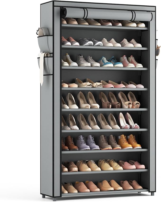 LANTEFUL Shoe Rack with Covers 10 Tier Tall Shoe Rack Organizer Large Capacity Shoe Shelf Storage 40 Pairs Space Saving Free Standing Shoe Storage Organizer for Closet, Entryway, Dorm, Grey