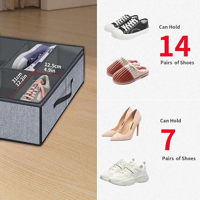 Onlyeasy Under Bed Shoe Storage Organizers for Kids and Adults Fit 14 Pairs of Shoes & 4 Pairs of Boots, Sturdy Underbed Organizer with 2 Strong Zippers and 4 Handles, Linen-like Grey, MXDUBS14S4