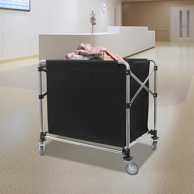 Commercial Laundry Cart with Wheels,Folding Laundry Hamper Cart,Heavy Duty Rolling Laundry Basket with Large Capacity,Laundry Sorter Trolley for Home Hotel Apartment (Black, 35.43 * 23.62 * 34.65in)