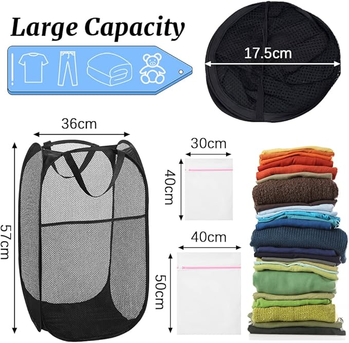 6Pcs Mesh Pop Up Laundry Hamper, FHDUSRYO Foldable Pop Up Hamper, Collapsible Laundry Basket with Carry Handles, Portable Dirty Clothes Basket with 6 Wash Bags, Mesh Hamper for Dorm Bedroom Travel