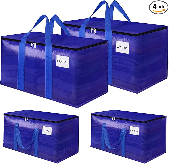 Moving Storage Bags, Moving Supplies Packing Boxes for Moving, Camping, College Dorm Room Essentials for Girls, Blue Tote Bags, Heavy-Duty Storage Bins With Lids And Zippers, 76L 4 Pack