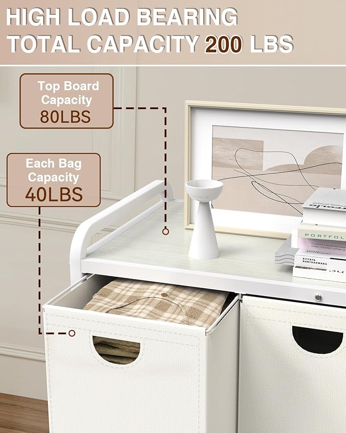Laundry Sorter 3 Section,Laundry Basket with Wheels,3×15.8 Gal (60L) Laundry Hamper Organizer with Large Wooden Desktop Sorter,Pull-Out and Removable Laundry Bags (Creamy White, 3 Bags - 180L)