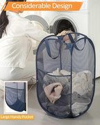 2 Pack Durable Collapsible Laundry Baskets - Reinforced Mesh Pop Up Laundry Hamper with Pocket, Foldable Dirty Clothes Hamper with Carry Handles for Laundry, Bathroom, Kids Room, Dorm or Travel Navy