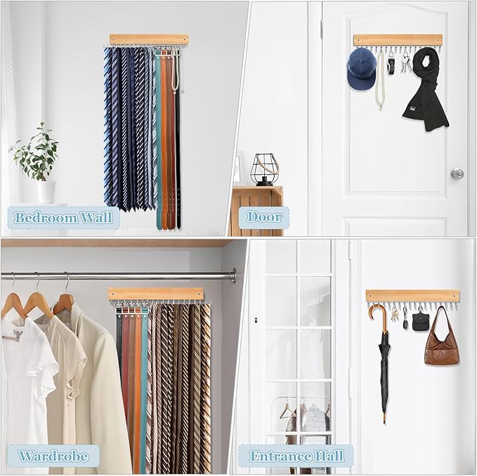 Tie Rack Belt Hanger Wall Mounted, Lomrsiul Non Slip 180 Degree Rotating Tie Organizer for Men Closet with 18 Hooks Closet Organizers and Storage for Tie Belt Necklace Purse Scarf Bag Natural 1 Pack