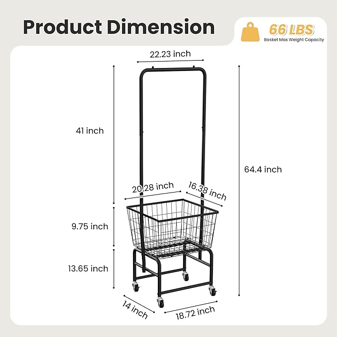 Rolling Laundry Cart with Wheels, Laundry Hamper Basket Organizer with Clothes Hanging Rack, Wire Storage Cloth Shelf Butler, Black