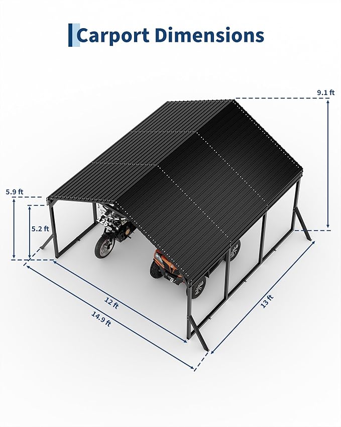 Garvee 12x13x9 ft Metal Carport, Car Port with Reinforced Frame and Steel Roof for All-Weather Use, Permanent Shelter for Cars, Motorcycles, ATVs, or Boats